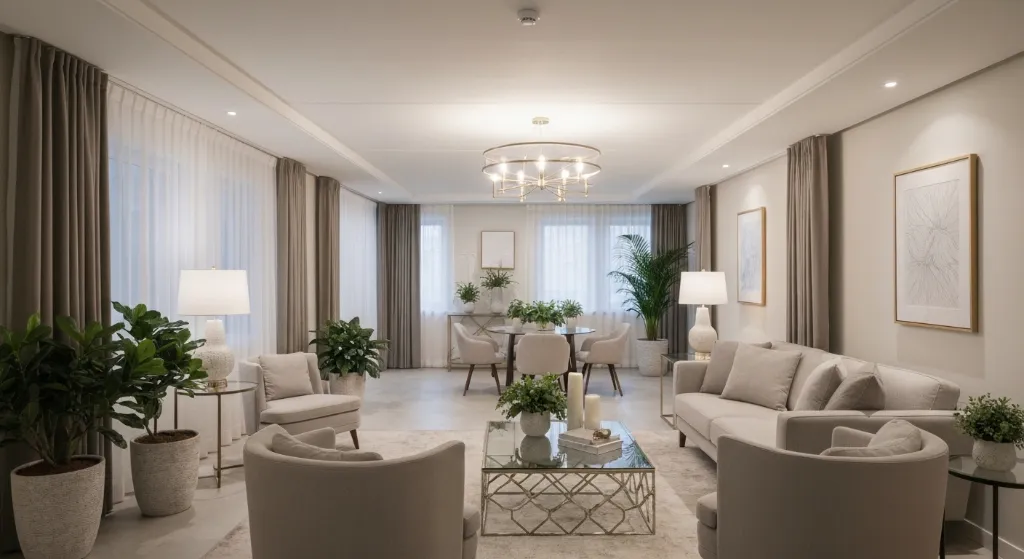 Sala de estar decorada para venda de imóvel, com iluminação natural e plantas.