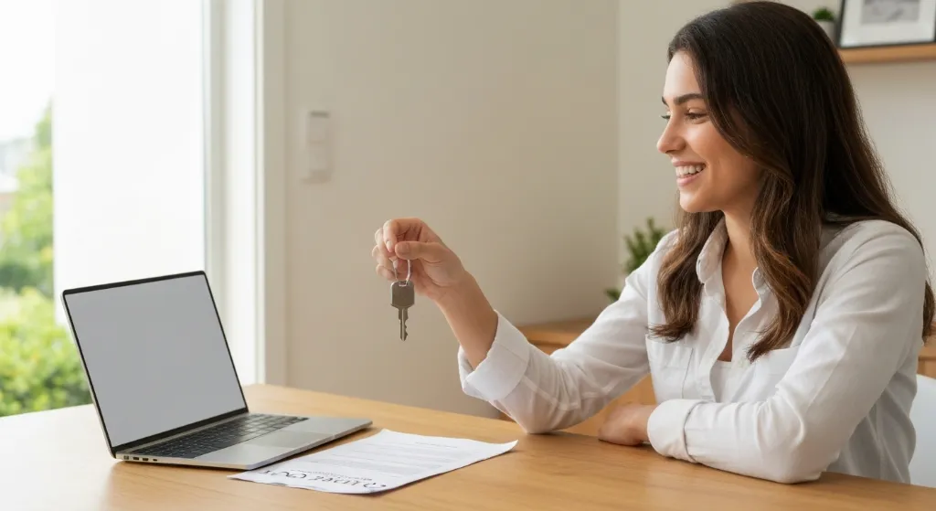 Pessoa segura chave de casa nova com documento de compra