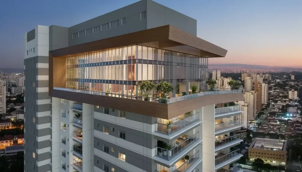 Empreendimento imobiliário da Eztec ao pôr do sol