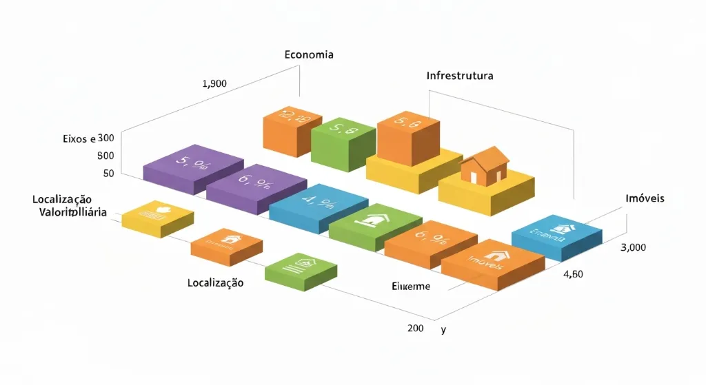 Gráfico de valorização imobiliária com ícones de fatores influenciadores