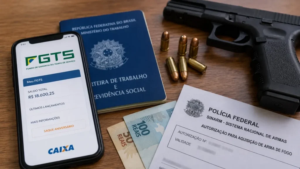 Trabalhador brasileiro pensativo diante da possibilidade de usar FGTS para comprar arma