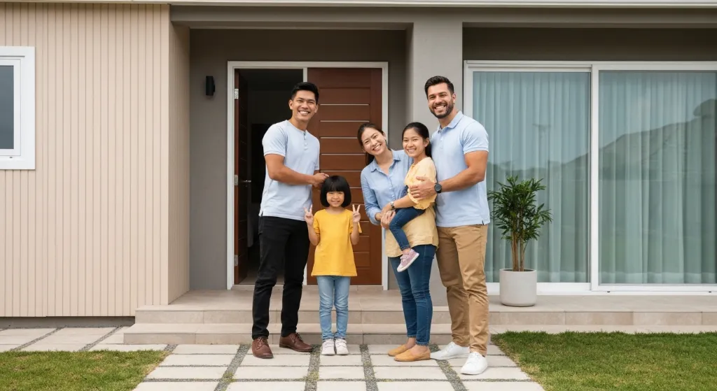 Família feliz com chaves de casa nova comprada com FGTS