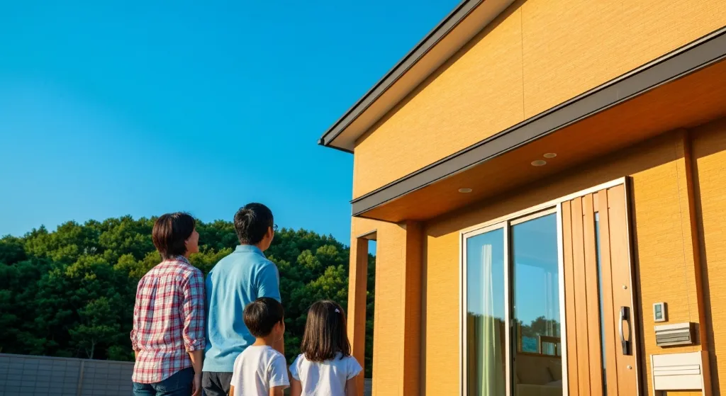 Família feliz em frente à nova casa