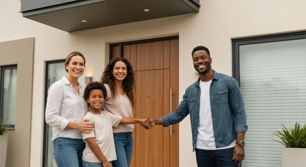 Família com chaves da casa nova celebrando a conquista do financiamento imobiliário.