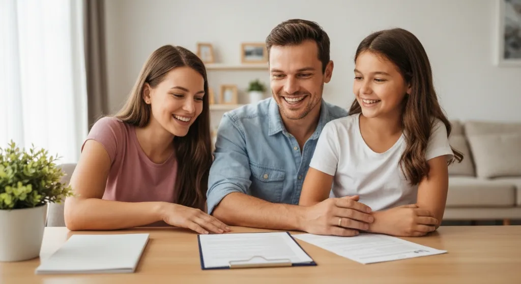 Família feliz com chave de casa nova, símbolo de conquista do financiamento imobiliário.