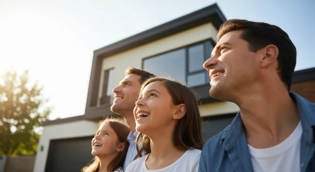 Família celebrando a conquista da casa própria com financiamento imobiliário facilitado