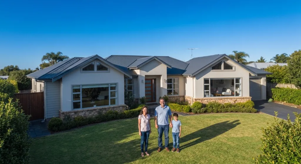 Família feliz em frente à nova casa comprada via financiamento imobiliário.
