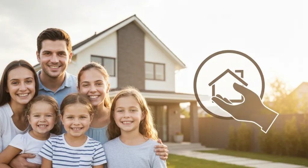 Família feliz em frente à casa própria com financiamento de 10% de entrada facilitado pelo Santander.