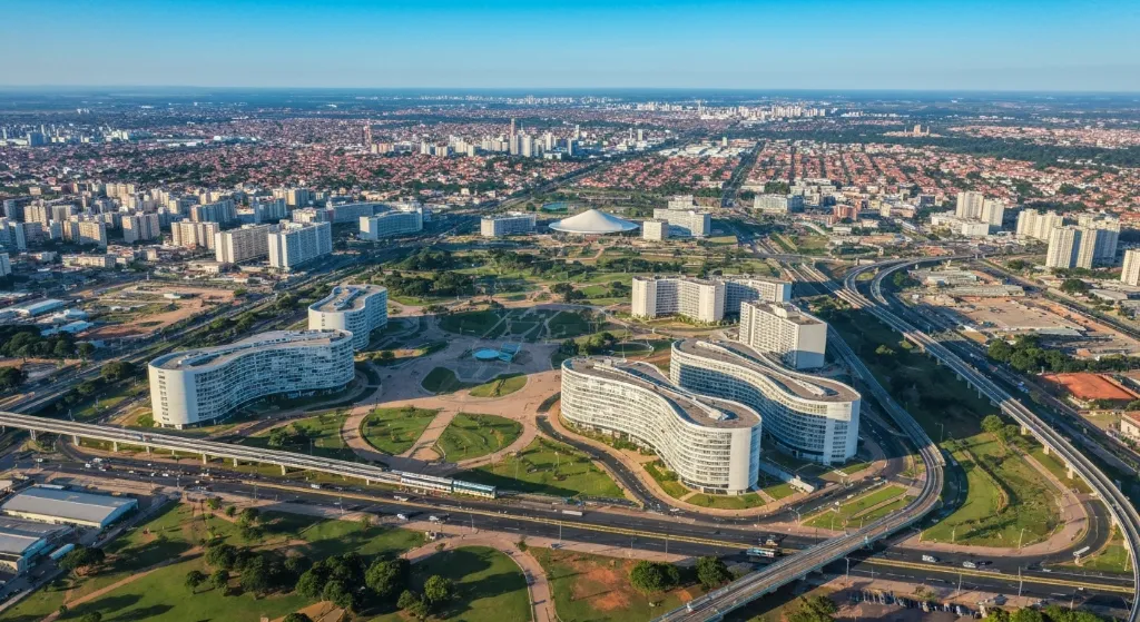 Visão futurista de Brasília em 2026 com edifícios modernos e infraestrutura avançada.