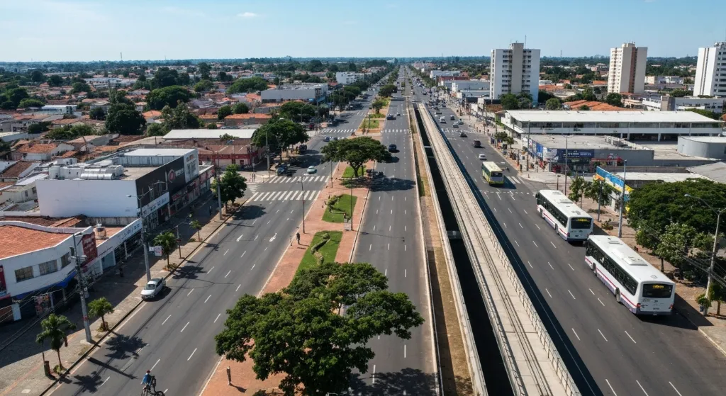 Visão aérea de Águas Claras mostrando o futuro da mobilidade urbana com transporte público e ciclovias integradas.