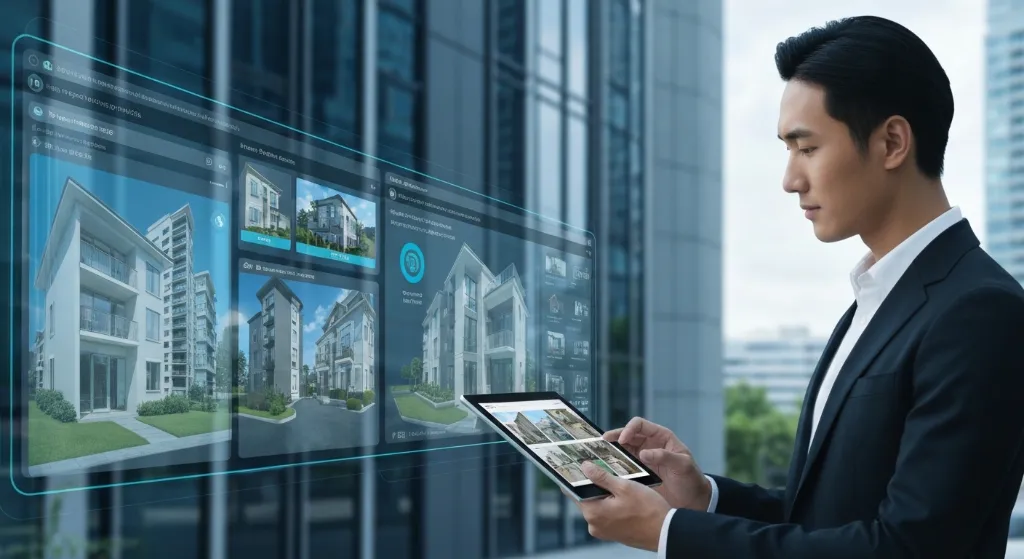 Fusão do setor imobiliário físico e digital com tecnologia avançada.