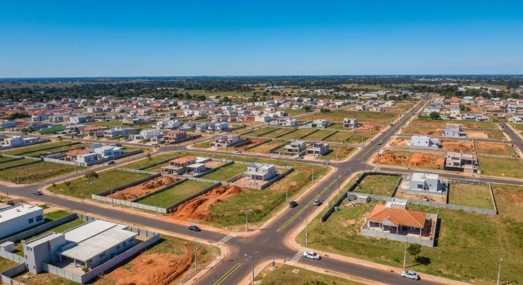 Vista aérea de Vicente Pires, Brasília, com casas em construção e áreas de expansão, simbolizando novas oportunidades de compra de lotes.