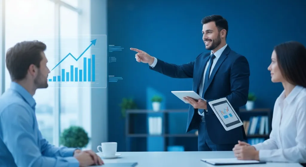 Profissional credenciado gerenciando expectativas em uma reunião de negócios, demonstrando crescimento e confiança.