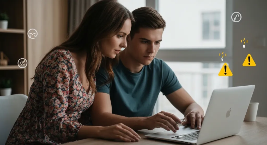 Casal desconfiado analisando anúncio de imóvel online em busca de golpes.