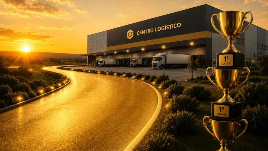 Centro de distribuição logístico moderno e movimentado, com empilhadeiras e estantes de mercadorias, simbolizando a infraestrutura do e-commerce.