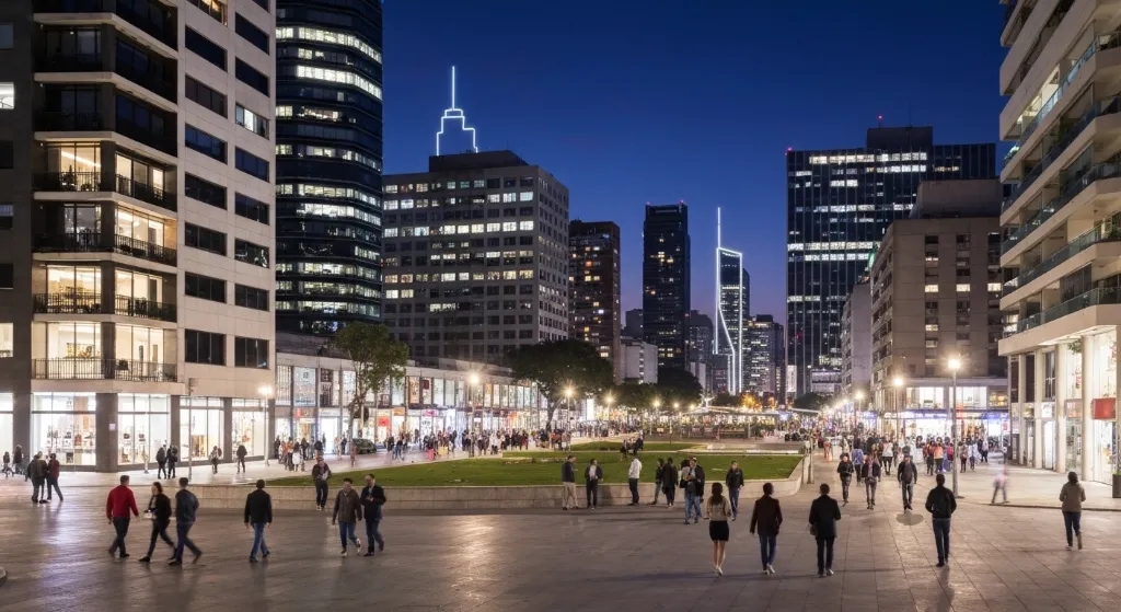 Visão aérea de bairros do Distrito Federal em desenvolvimento, com prédios modernos e movimentação urbana, representando potencial de crescimento e oportunidades para empreendedores.