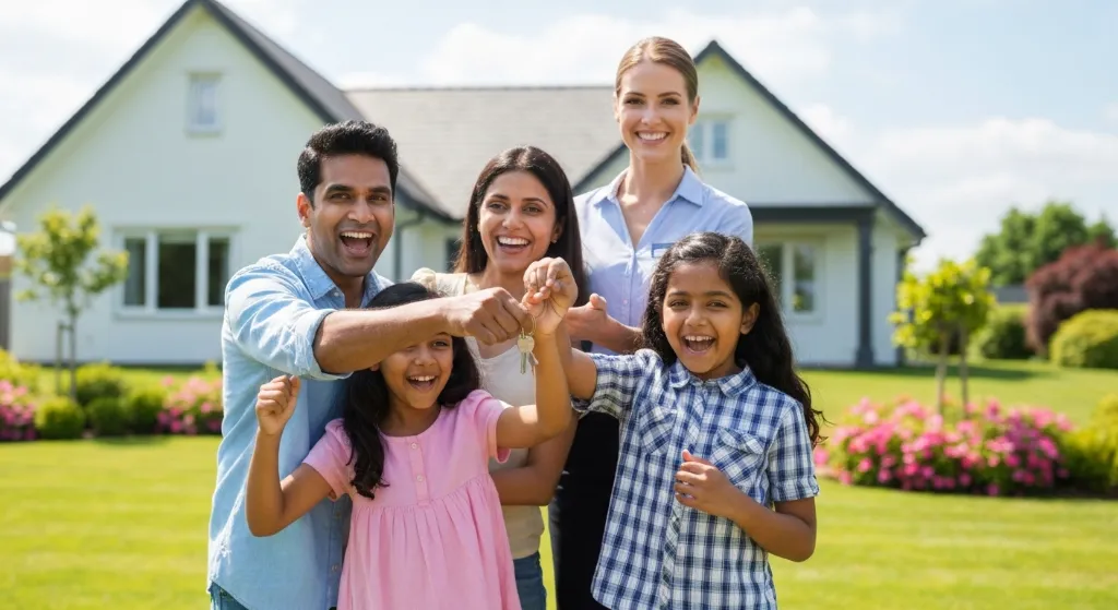 Família feliz recebendo chaves de casa financiada.