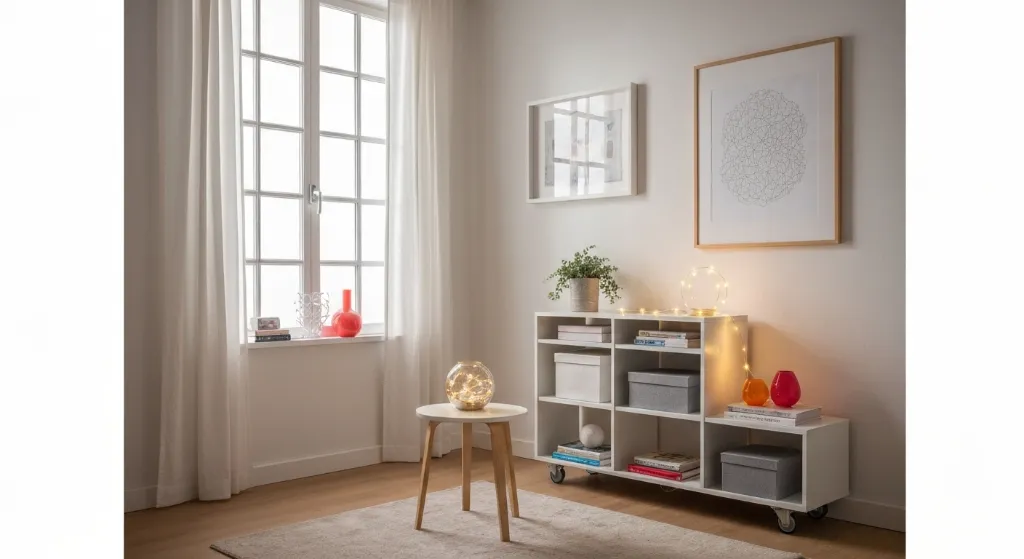 Sala de estar decorada com iluminação criativa e econômica.