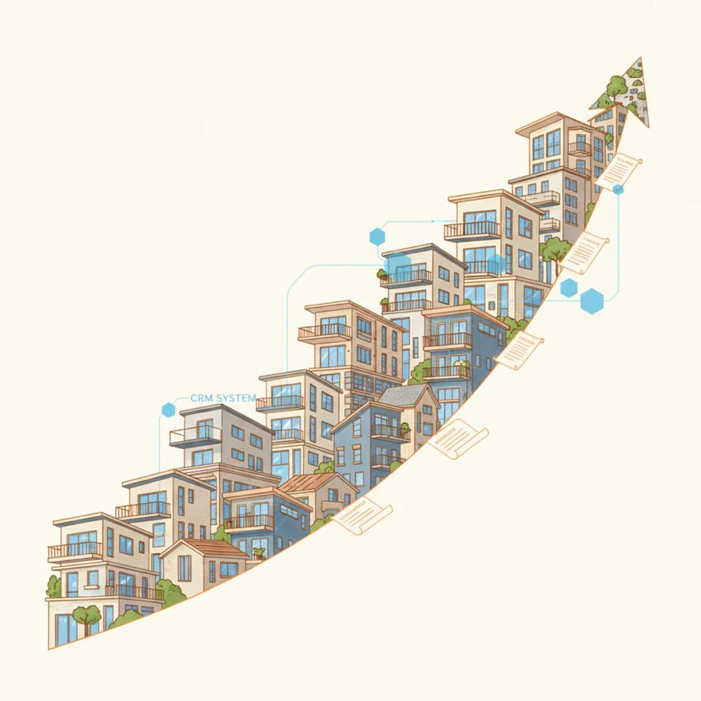 Profissionais de imobiliária discutindo estratégias de crescimento em sala moderna
