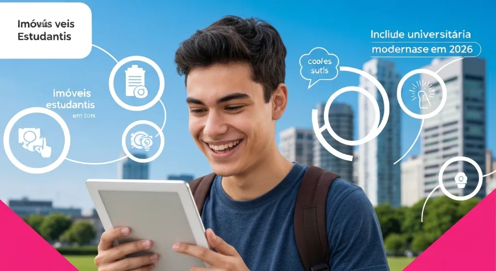 Estudante feliz pesquisando imóveis acessíveis em um tablet