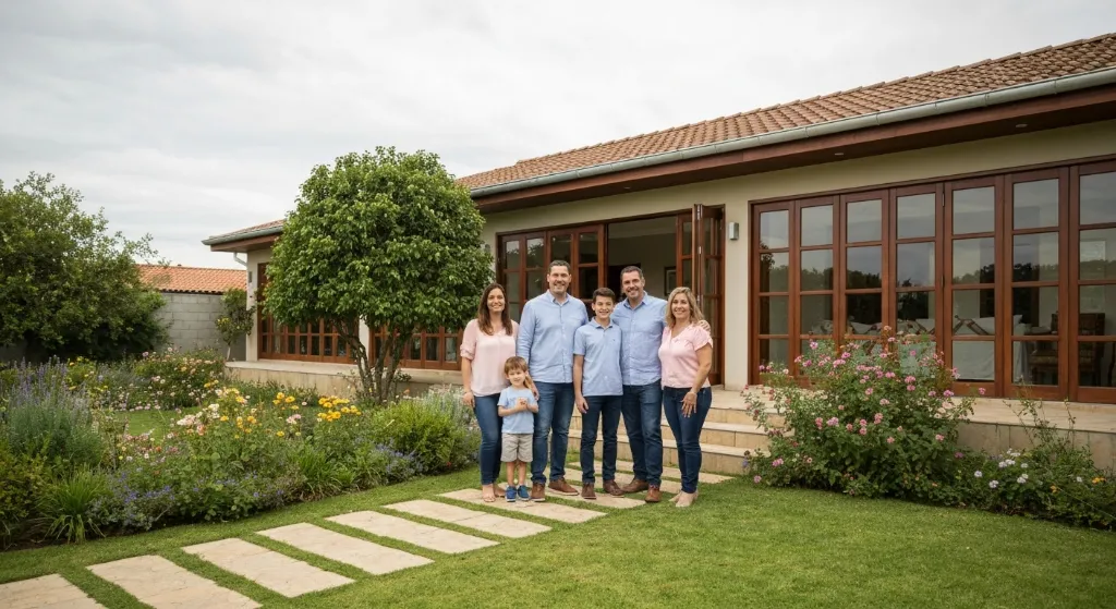 Família feliz em frente à casa comprada com FGTS