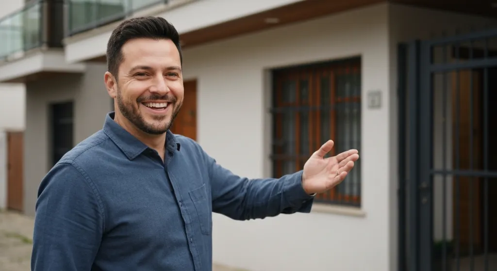Corretor mostrando casa atraente para casal.