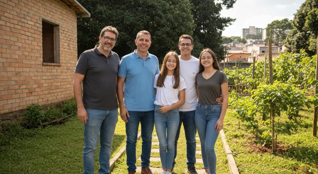 Família avaliando opções de imóveis novos e usados com corretor.