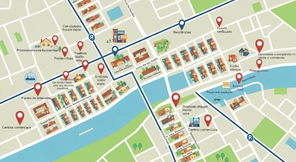 Mapa urbano com rotas de acesso a serviços essenciais, representando o impacto da localização na busca por imóveis.