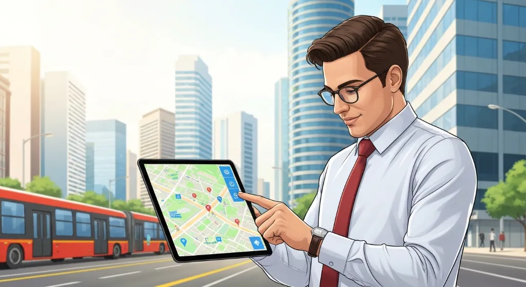 Jovem profissional analisando opções de imóveis em um tablet em um ambiente urbano moderno.