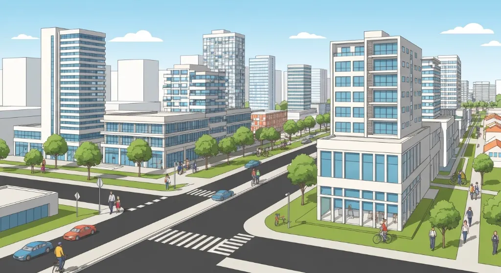 Ilustração de uma cidade moderna com foco na valorização imobiliária devido à localização.