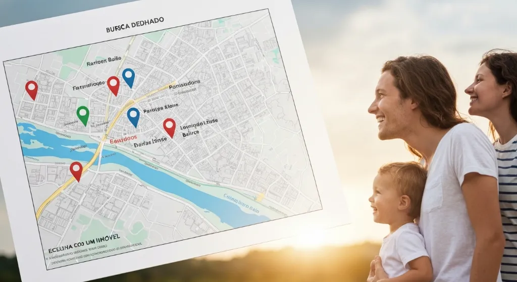 Mapa da cidade com marcadores e silhueta de família, representando a importância da localização na escolha de um imóvel.