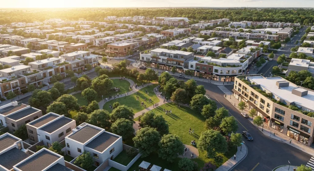Bairro residencial próspero com parques e comércio