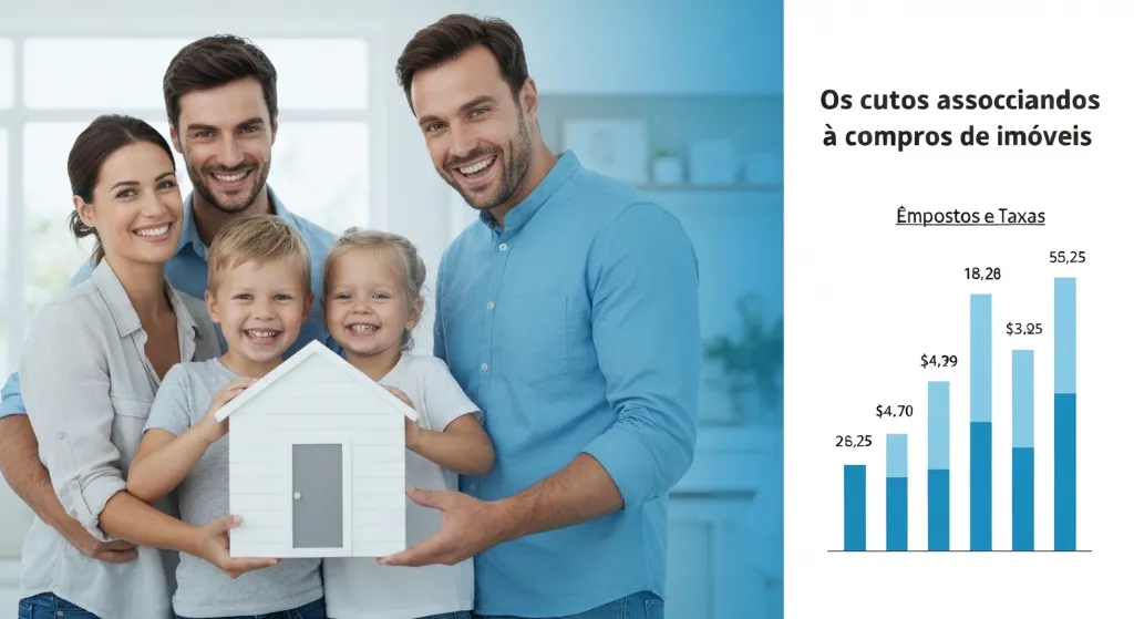 Família celebrando a compra de uma casa, com representação gráfica de impostos e taxas