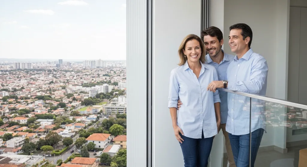 Casal feliz comprando imóvel com consultor
