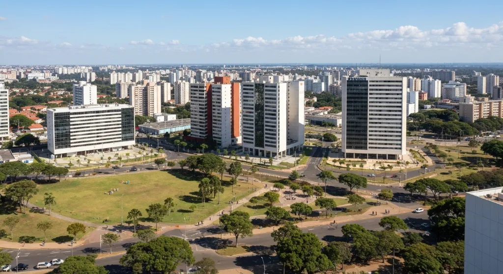 Visão panorâmica de bairros valorizados no Distrito Federal, Brasil, em 2026, com edifícios modernos e áreas verdes.