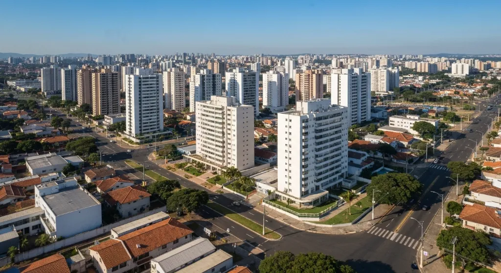Vista aérea de Águas Claras, Brasília, com foco em desenvolvimento imobiliário e modernidade.