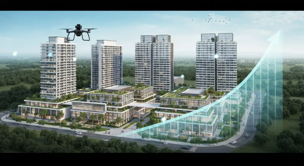 Representação conceitual do futuro do investimento imobiliário em 2026, mostrando tendências e crescimento