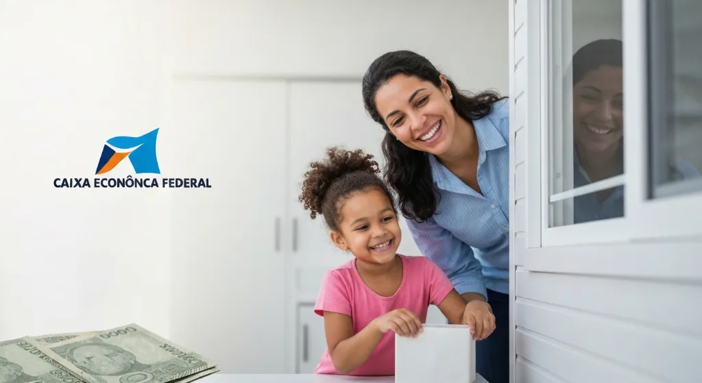 Família analisando planta de casa com maquete, utilizando FGTS pela Caixa.