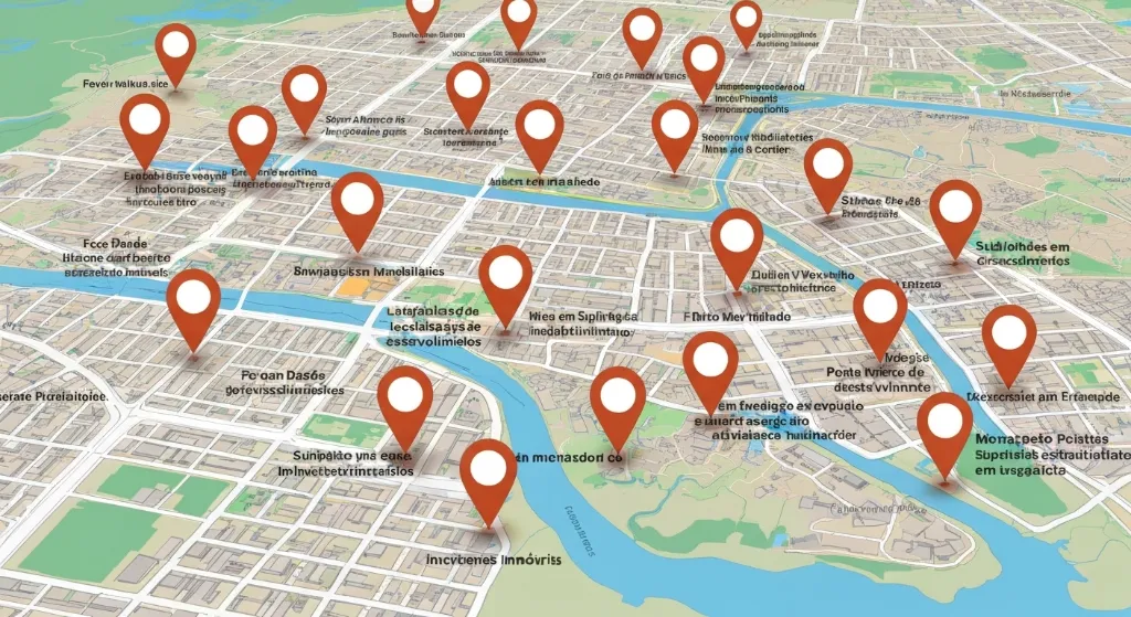 Ilustração de mapa com marcadores de investimento destacando localizações estratégicas para investidores imobiliários, mostrando potencial de crescimento e análise de dados.