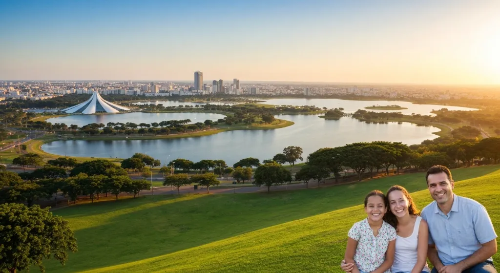 Vista aérea de Brasília ao amanhecer com família em parque, simbolizando melhores bairros para morar em 2026 com custo-benefício.