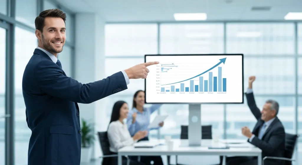 Executivo B2B comemorando sucesso em vendas com equipe