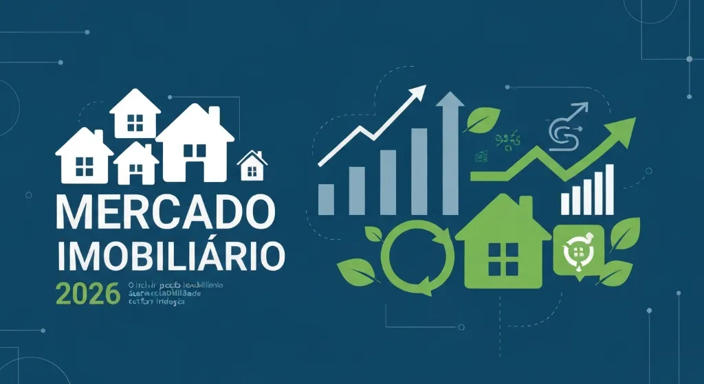 Ilustração conceitual do mercado imobiliário em 2026, com tendências, ciclos econômicos e elementos de sustentabilidade.