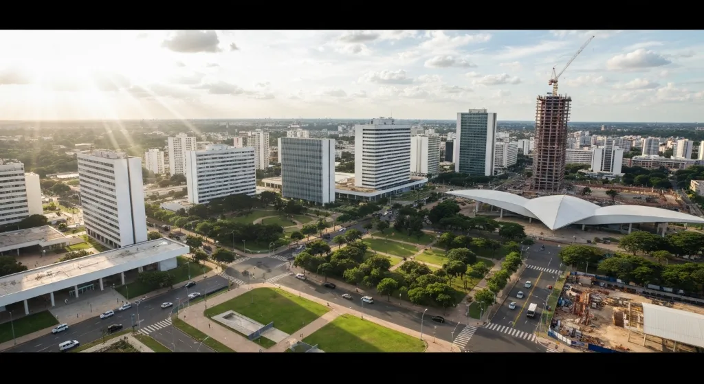 Paisagem urbana moderna de Brasília em 2026, com prédios e áreas verdes