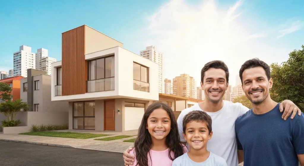 Família feliz em frente a uma casa acessível no Brasil