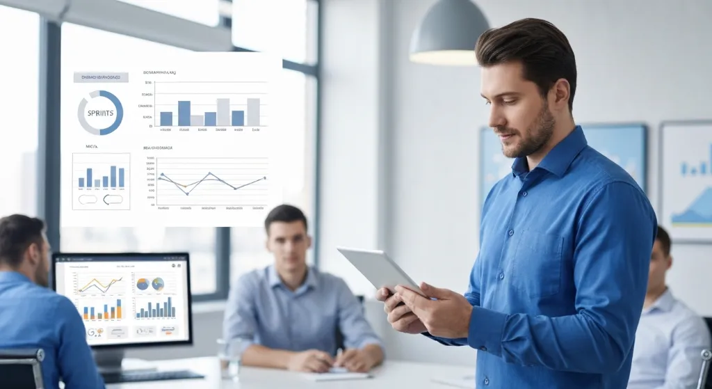 Profissional de vendas apresentando resultados ágeis com gráficos em um tablet para a equipe.