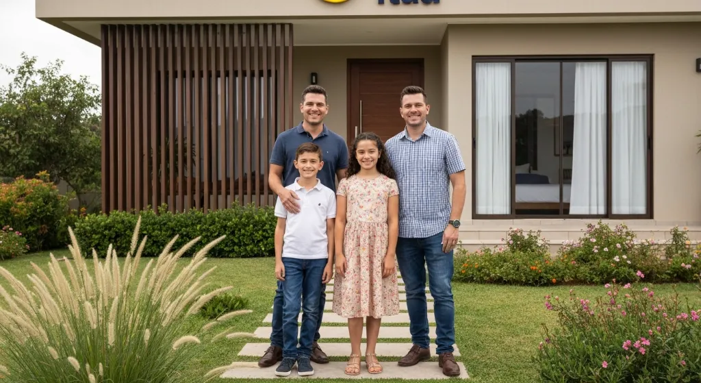 Família feliz em frente a uma casa financiada pelo Minha Casa Minha Vida Itaú