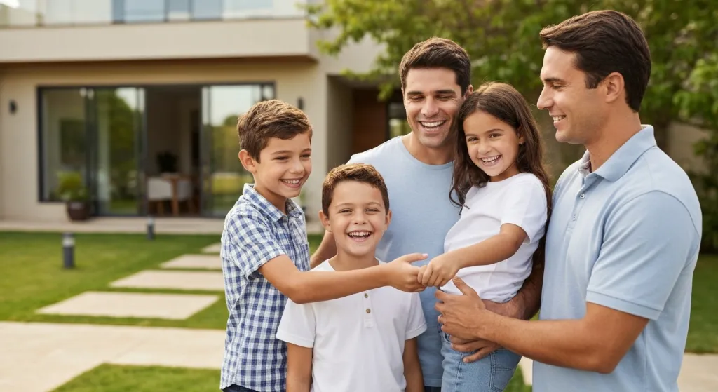 Família recebendo chaves de casa com representante do Itau pelo programa Minha Casa Minha Vida
