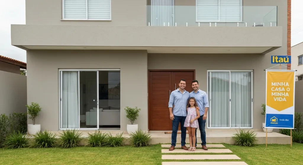 Família celebrando a conquista do primeiro imóvel financiado pelo Minha Casa Minha Vida com o Itau.