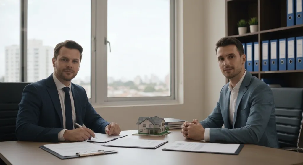 Compradores e agente discutindo negociação de preço de imóvel.