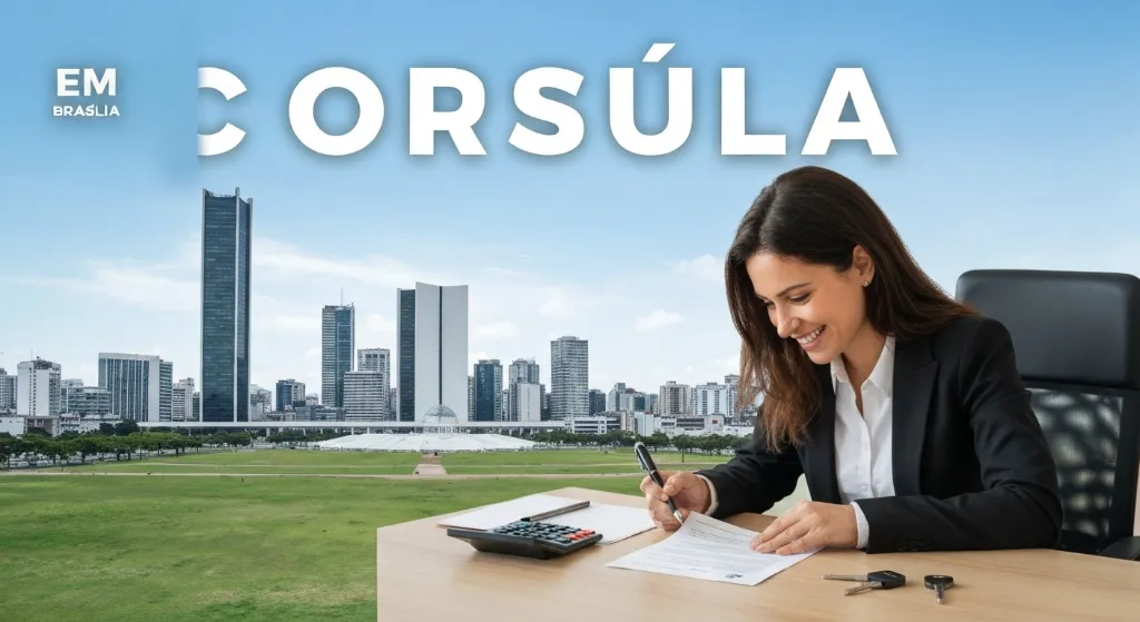 Pessoa analisando documentos de imóvel em Brasília com skyline ao fundo